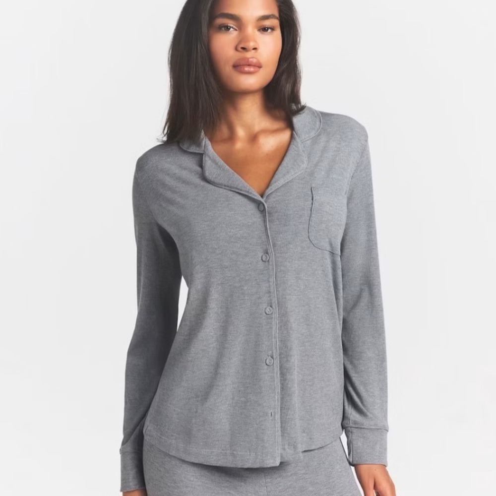 SKIMS Soft Lounge Sleep Top Heather Grey Ribbed Button Down Pajama Shirt XXS